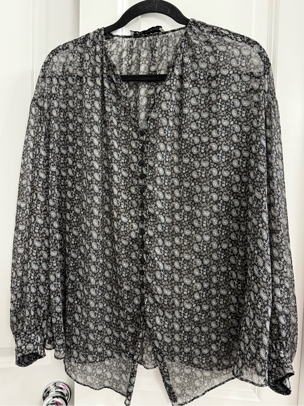 ZARA Paisley Boho Semi Sheer Long Sleeve Chiffon Blouse Lurex Black Buttons XS